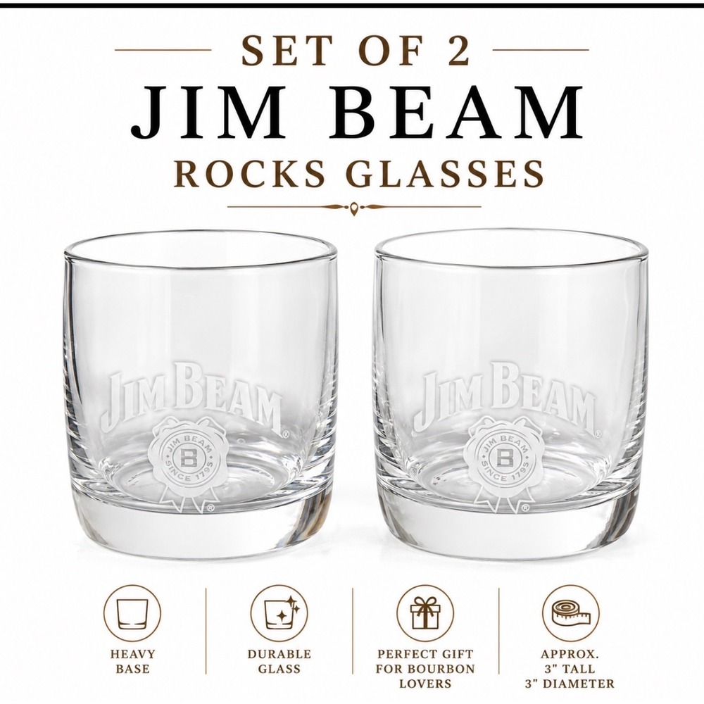 Jim Beam Bourbon Whiskey Rocks Glasses Set of 2 Clear Etched Logo 3.5 Inch